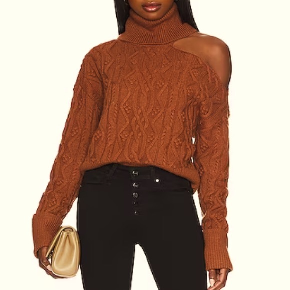Paige x Anthropologie Raundi Cable Knit M Brown Red Cropped OffShoulder Pullover - Picture 3 of 13
